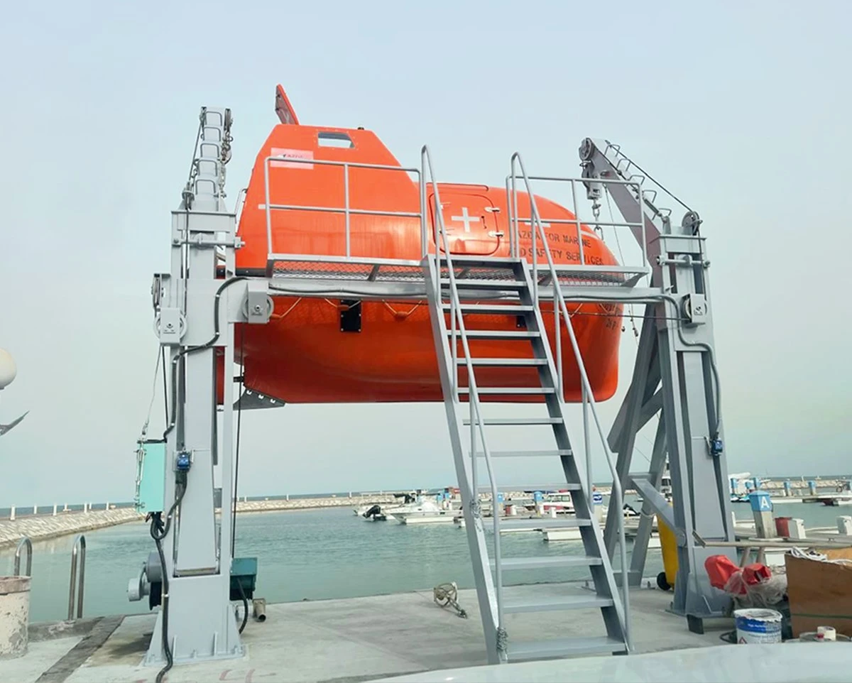 Gravity davit system Gravity davit system